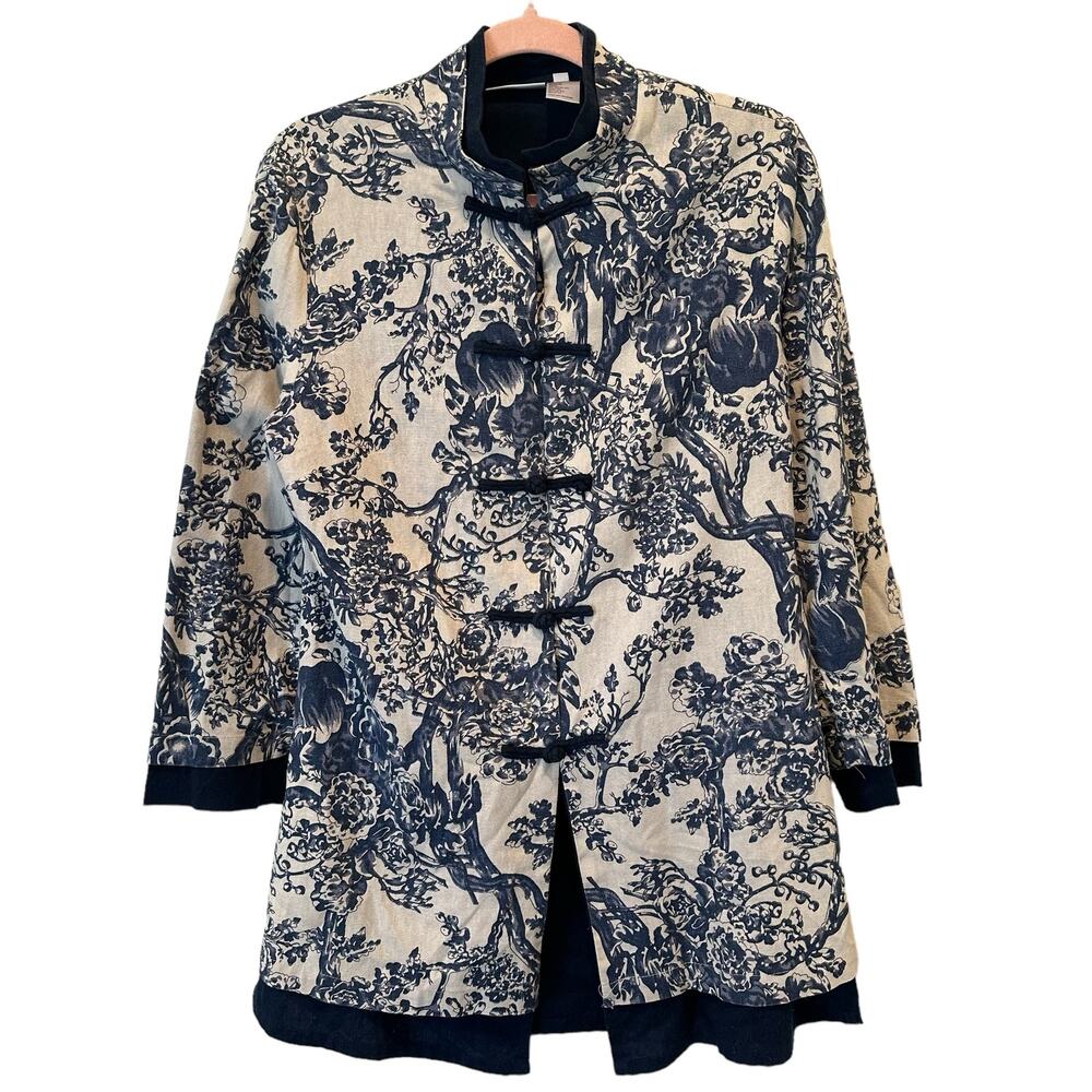 SOFT SURROUNDINGS COTTON/LINEN BLEND MANDARIN COLLAR KIMONO TUNIC NAVY Medium - Picture 3 of 10